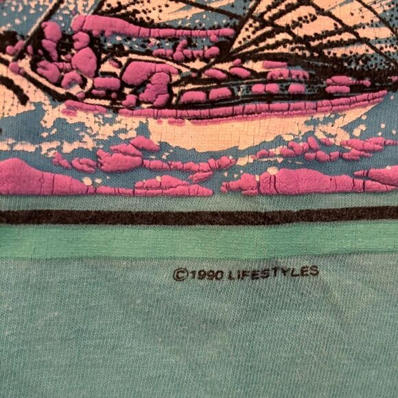Vintage 1990 California tank top turquoise with sail boats - Picture 2 of 8